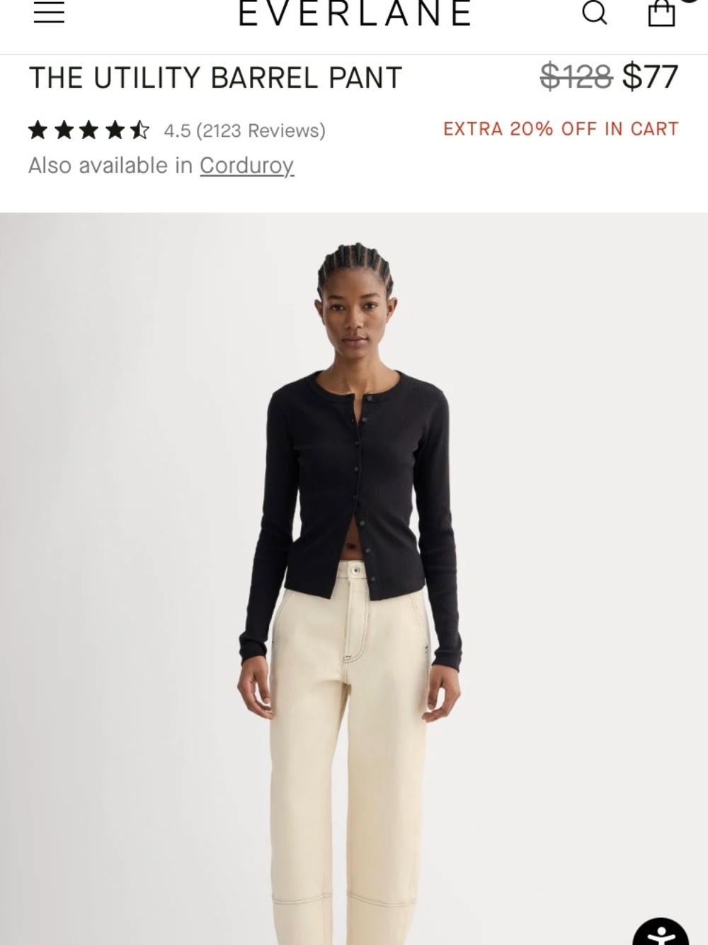 Everlane THE UTILITY BARREL PANT (ecru with contrast stitching)